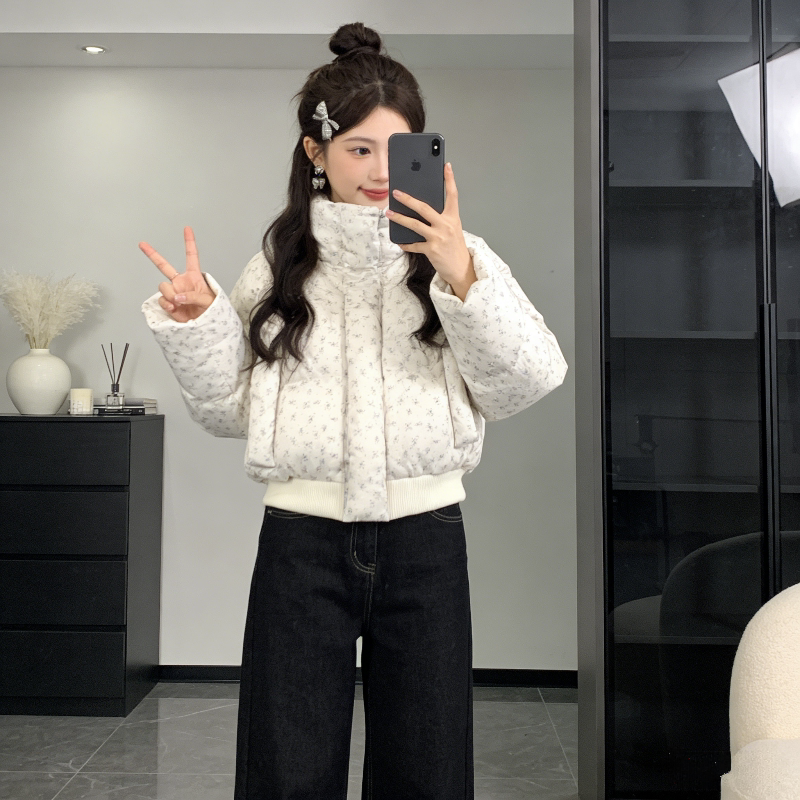 碎花短款设计感立领宽松小个子加厚保暖防寒棉服外套女面包服棉袄