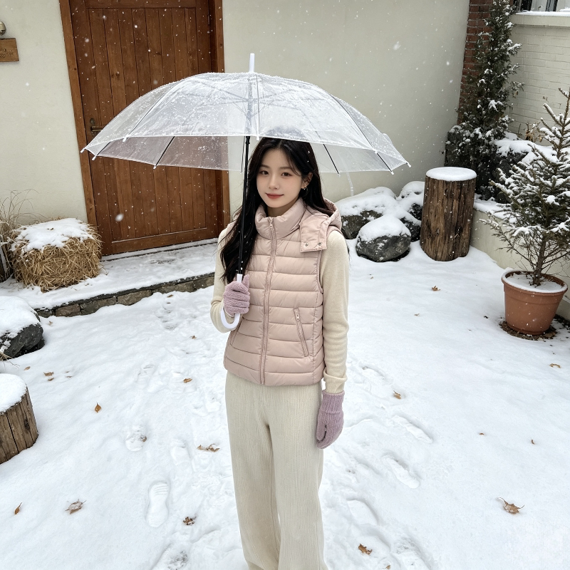 温柔风粉色减龄秋冬轻薄连帽小个子修身坎肩无袖排骨服棉衣马夹女