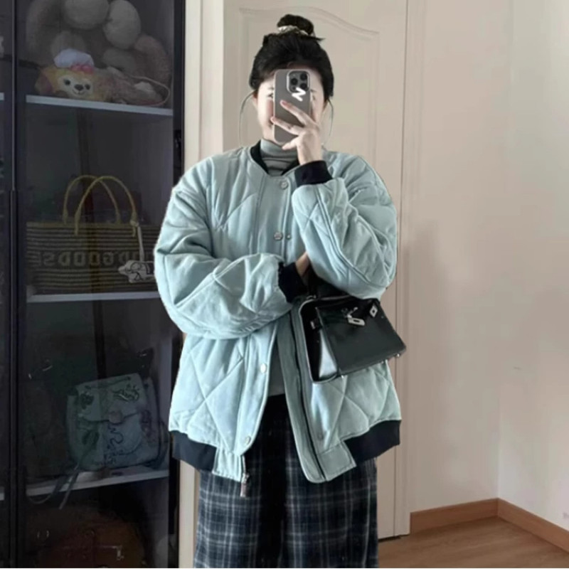 秋冬立领拼接撞色菱形格宽松大码夹棉加厚保暖棉服外套女棒球服潮