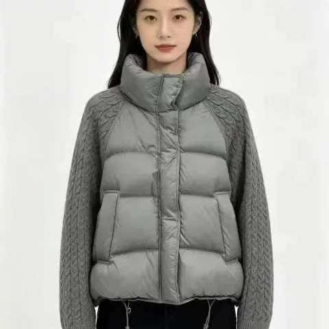 欧货高级灰设计感针织麻花袖子拼接宽松加厚棉服外套女面包服棉袄