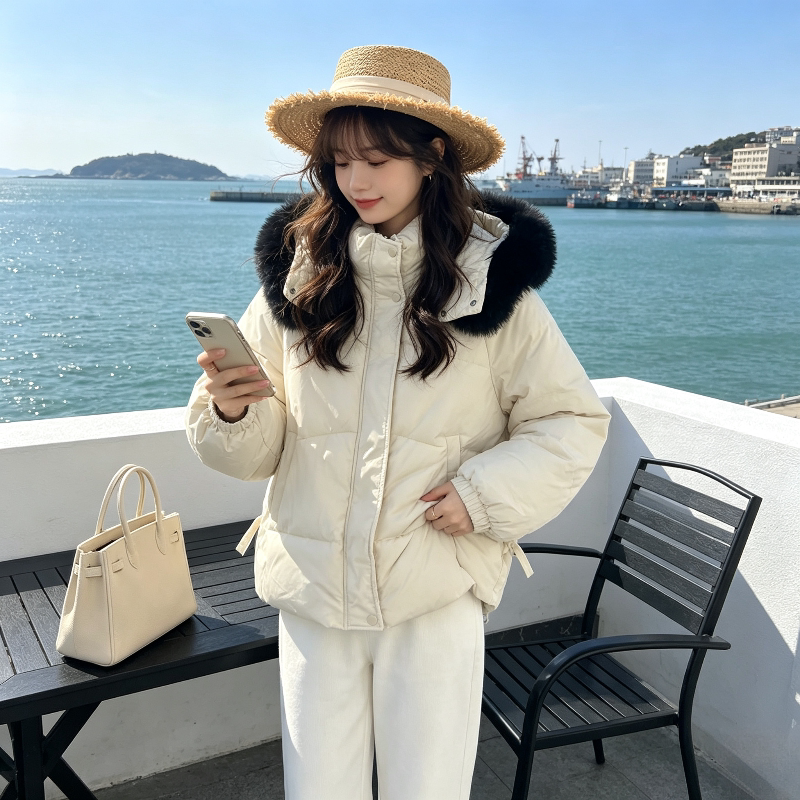 冬季慵懒风连帽大毛领加厚保暖防寒设计感宽松棉服外套女面包服潮