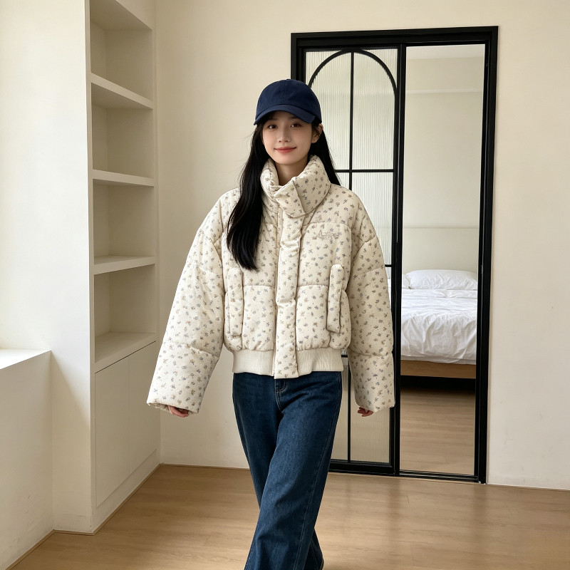 小碎花设计感立领加厚保暖防寒短款减龄小个子宽松棉服外套女棉袄