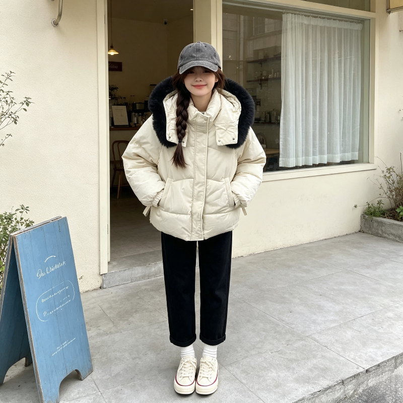 冬季大毛领加厚保暖防寒收腰设计感宽松大码小个子棉服外套女洋气