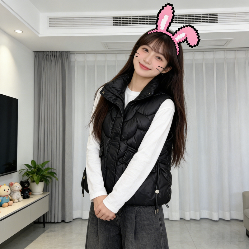 秋冬免洗亮面设计感宽松大码小个子慵懒风无袖坎肩立领棉服马夹女