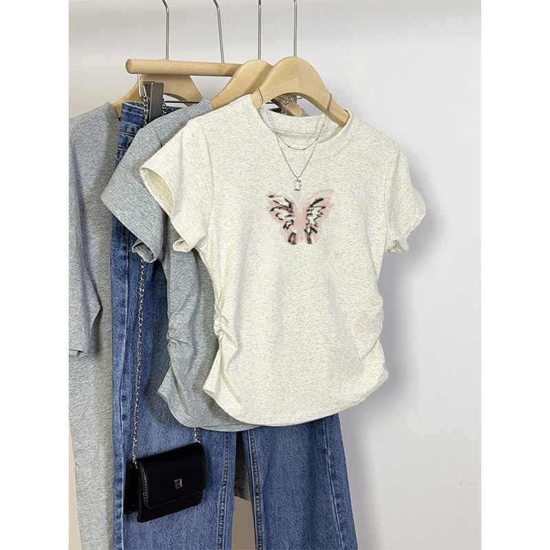 夏季2026新款修身短袖女显瘦圆领短款甜辣上衣法式正肩收腰t恤女