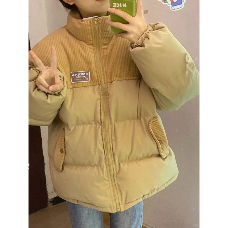 欧货灯芯绒拼接撞色立领宽松大码小个子棉服外套女加厚保暖洋气潮