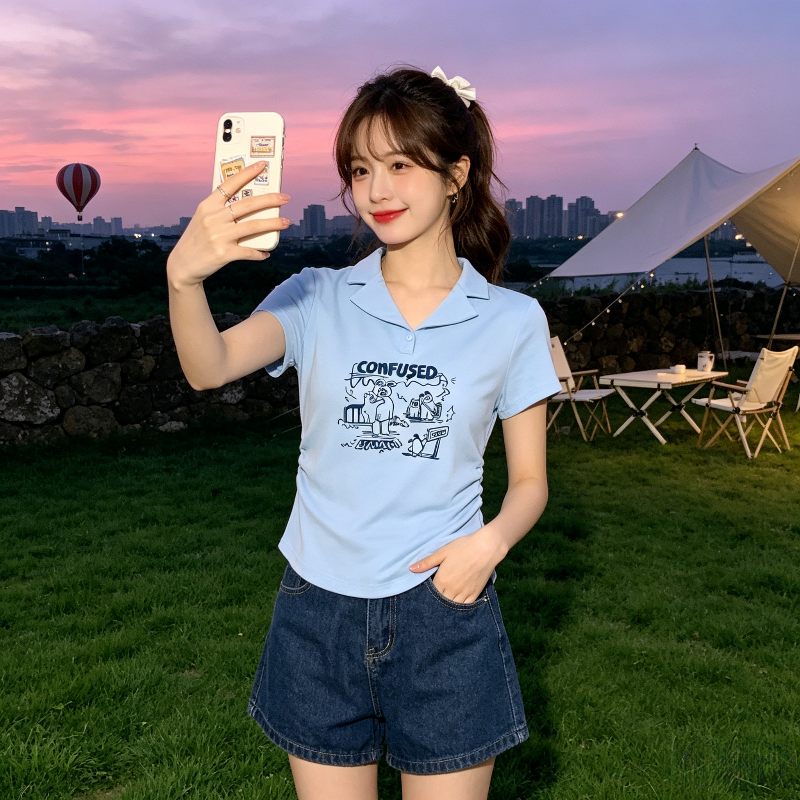 夏季正肩设计感短款短袖Polo衫T恤上衣女修身显瘦掐腰洋气百搭潮