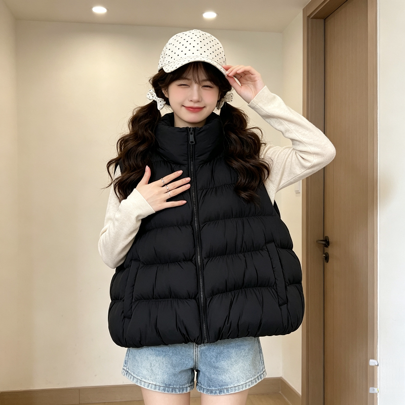 欧货慵懒风设计感宽松大码连帽小个子无袖坎肩棉服马夹外套女减龄