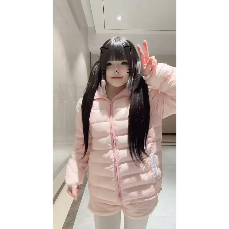 粉色温柔风减龄拼接撞色设计感休闲轻薄款连帽排骨服外套女棉衣潮