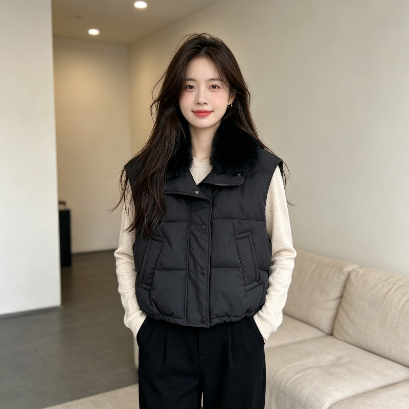 欧货轻奢风大毛领宽松休闲小个子短款无袖坎肩棉服马夹外套女马甲