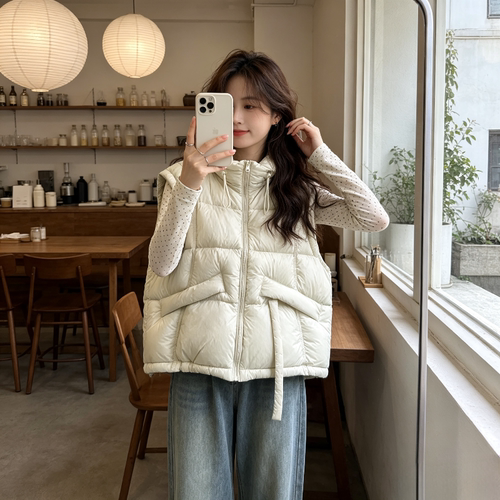 慵懒风宽松大码小个子连帽加厚保暖无袖坎肩棉服马夹外套女减龄潮
