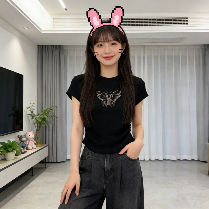 正肩短袖T恤女夏季设计感小众修身显瘦小个子洋气百搭上衣圆领潮