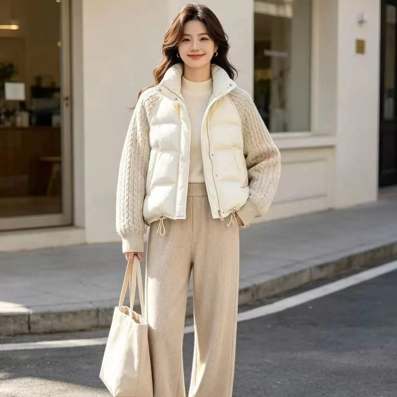 冬季针织麻花袖子拼接设计感立领加厚保暖宽松棉服外套女面包服潮