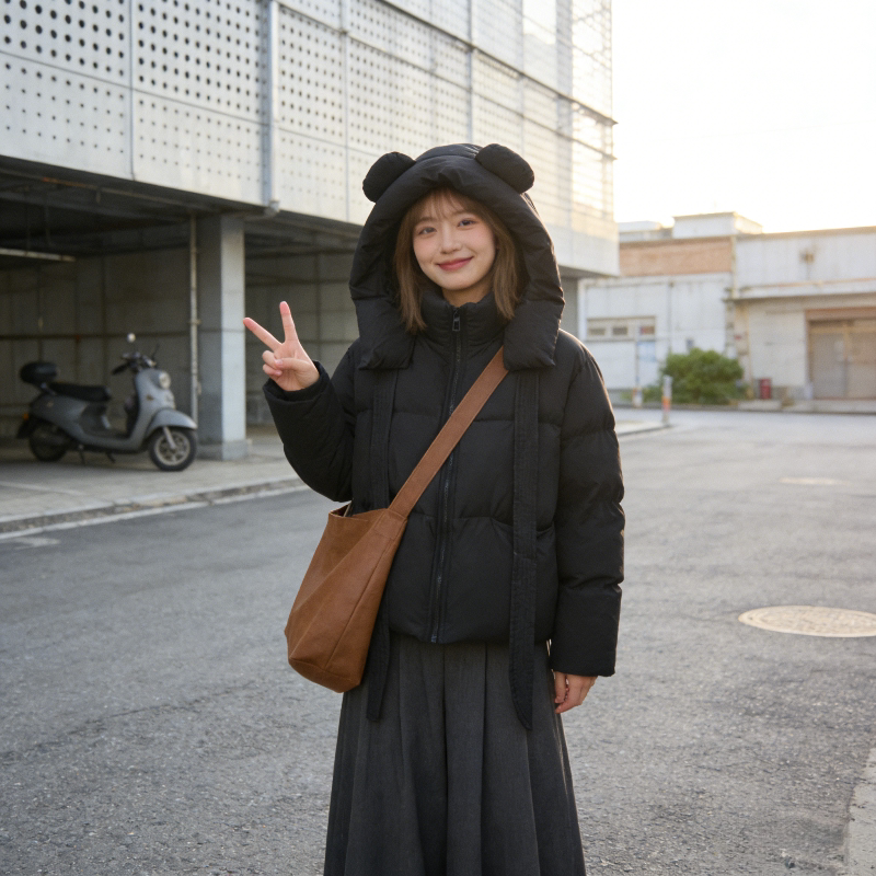 冬季小熊耳朵设计感宽松大码小个子加厚保暖防寒棉服外套女面包服