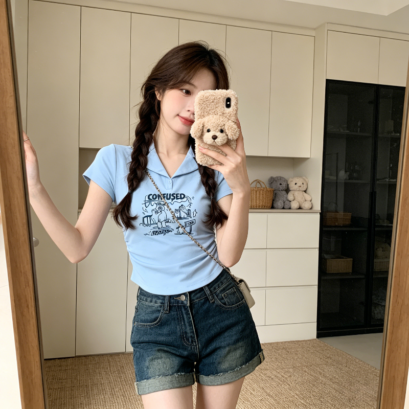 奶蓝色减龄设计感短款掐腰修身显瘦小个子短袖T恤上衣女正肩polo