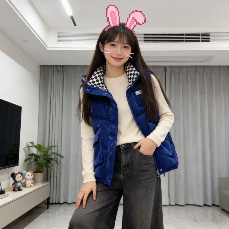 免洗亮面设计感连帽棋盘格宽松大码小个子无袖坎肩棉服马夹外套女