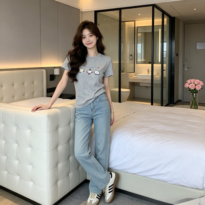夏季正肩圆领短款小飞袖短袖T恤上衣女洋气减龄小个子休闲百搭潮