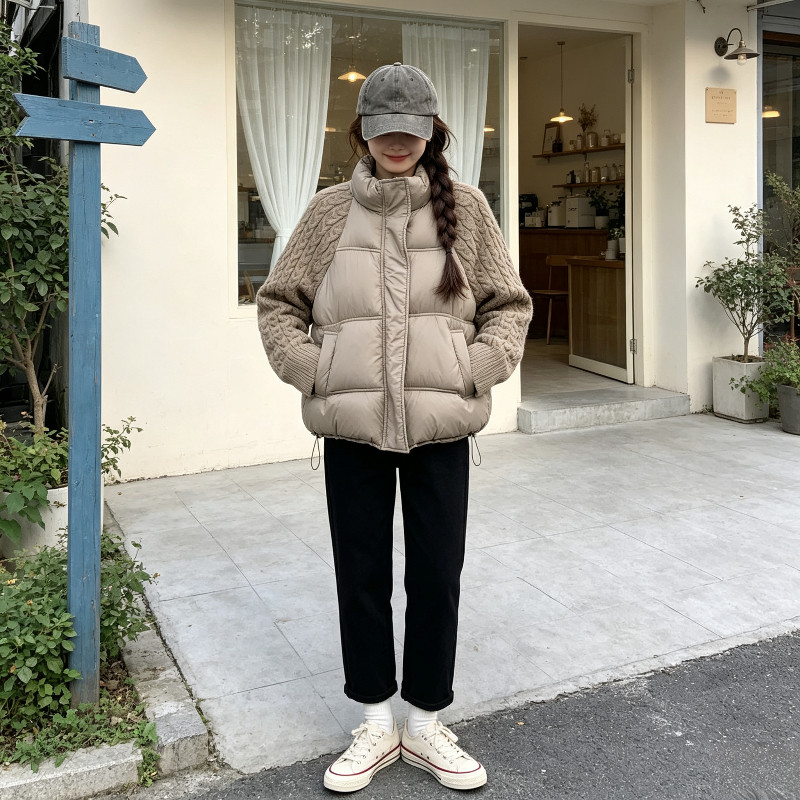 欧货冬季针织麻花袖子拼接宽松休闲小个子洋气减龄棉服外套女百搭