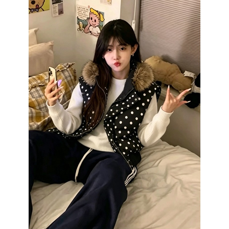 波点连帽休闲减龄气质小个子短款无袖坎肩保暖棉服马夹外套女气质