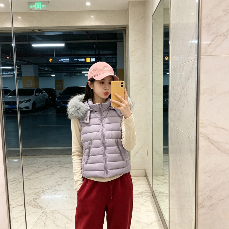 大毛领排骨服连帽无袖坎肩棉服马夹外套女秋冬修身显瘦小个子百搭