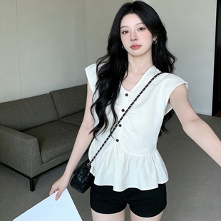 法式V领无袖衬衫女收腰显瘦通勤气质温柔风褶皱排扣荷叶边上衣ins