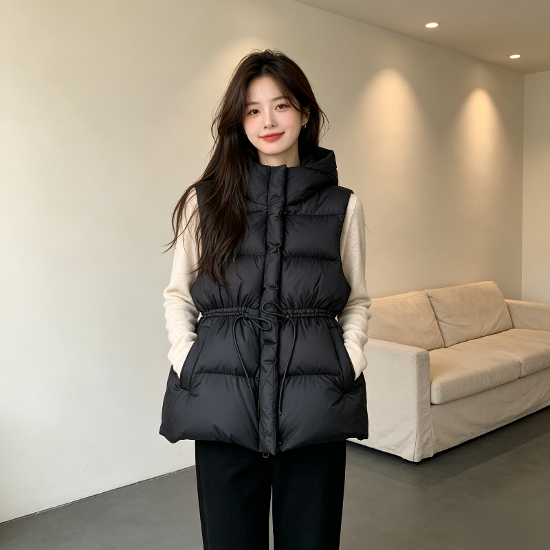 秋冬慵懒风宽松大码小个子无袖坎肩连帽百搭棉服马夹外套女设计感