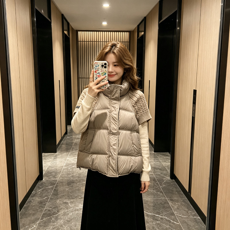 欧货针织短袖拼接设计感休闲秋冬宽松大码小个子棉服马夹外套女潮