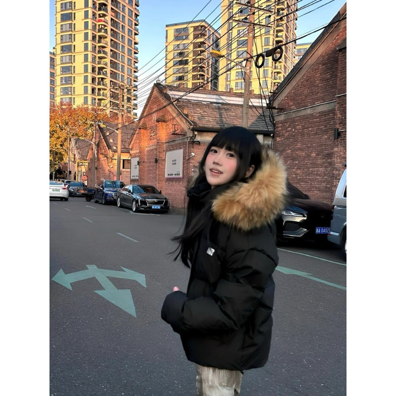 大毛领连帽加厚保暖防寒宽松休闲百搭气质工装棉服外套女派克棉袄