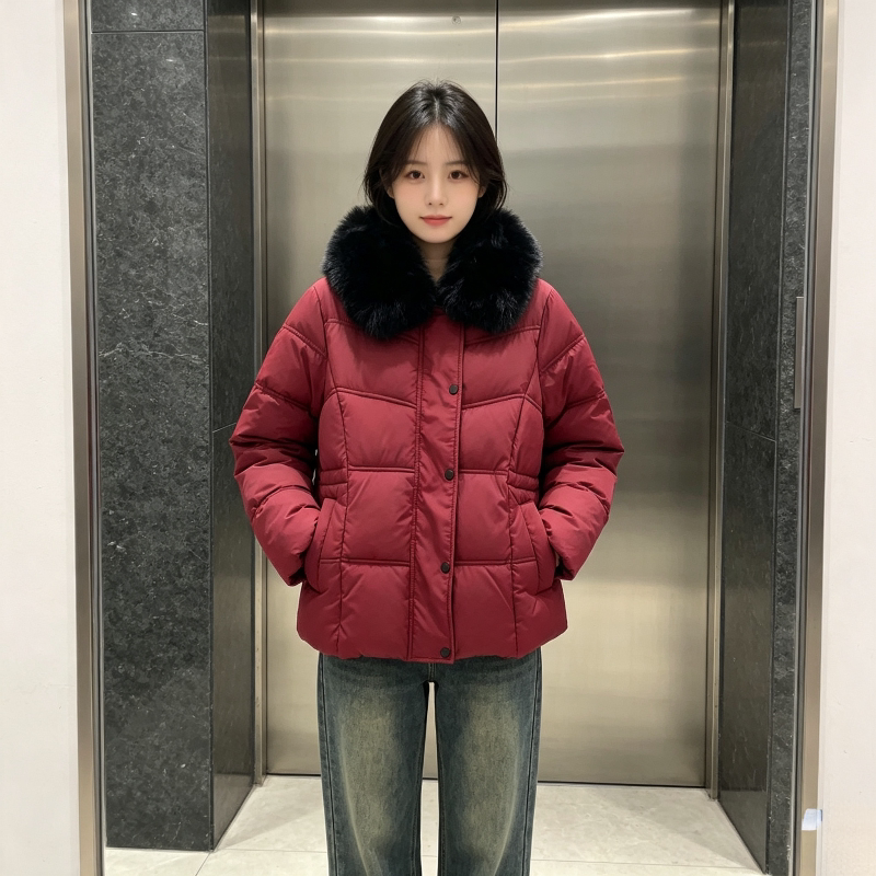红色大毛领加厚保暖防寒翻领收腰显瘦小个子设计感宽松棉服外套女