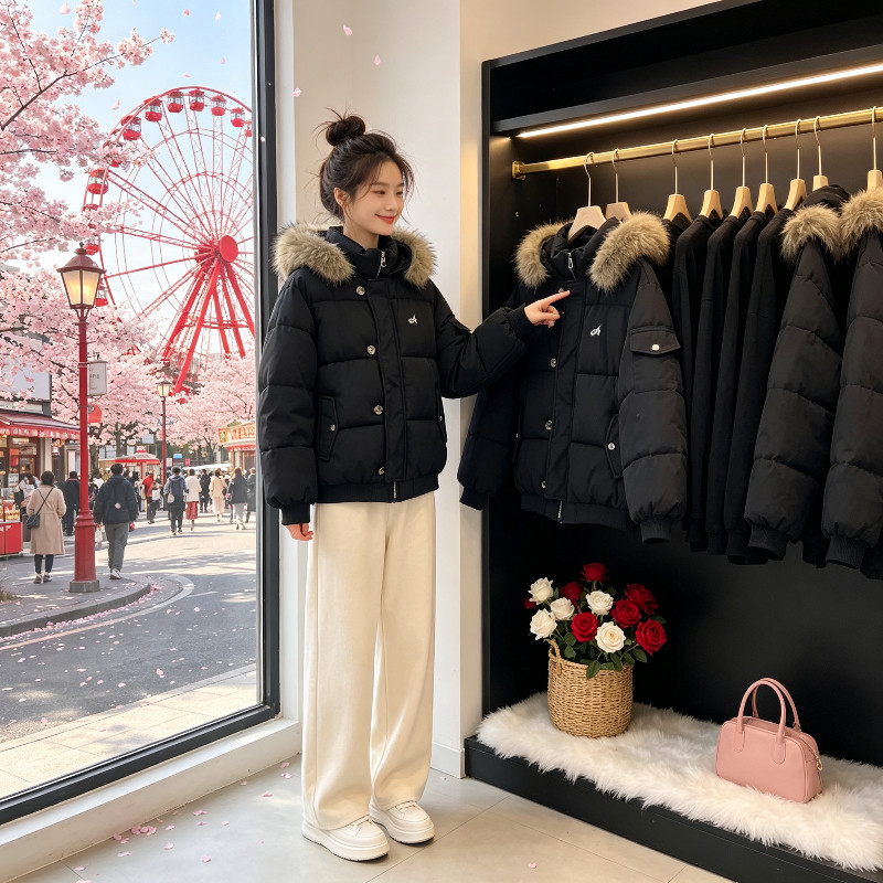 冬季大毛领连帽加厚保暖防寒休闲宽松大码小个子棉服外套女面包服