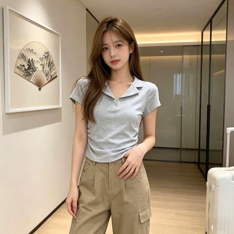 欧货灰色高级感短款小众设计感夏季修身显瘦polo衫短袖T恤女上衣
