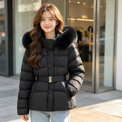 欧货大毛领连帽加厚保暖收腰显瘦小个子宽松大码棉服外套女轻奢风