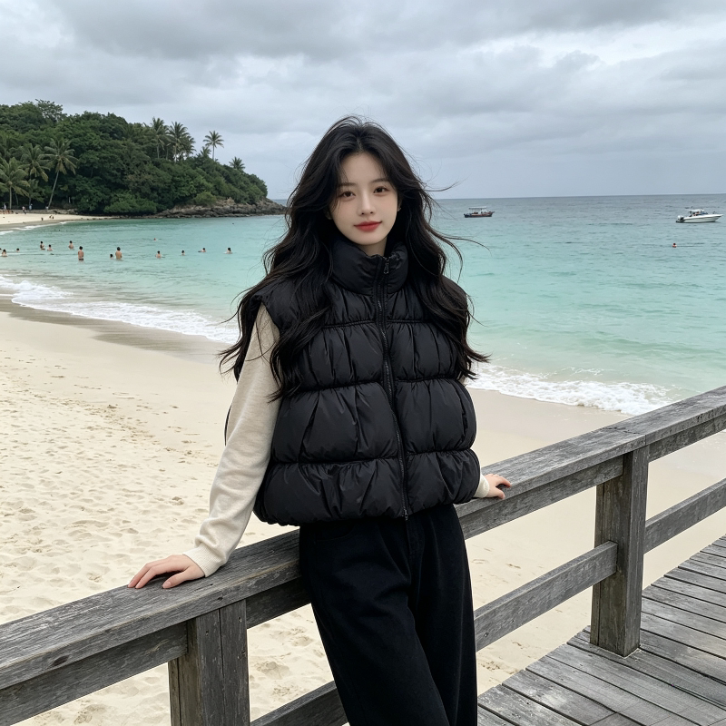 秋冬慵懒风设计感宽松大码小个子立领无袖坎肩棉服马夹外套女减龄