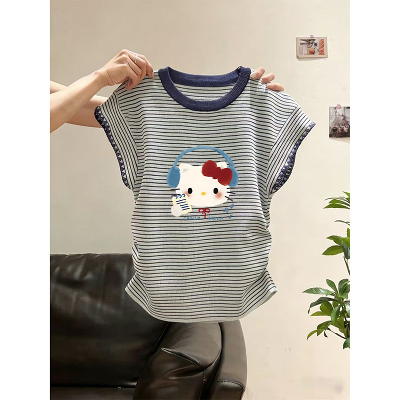 蓝色正肩小飞袖条纹掐腰修身显瘦小个子短款小众T恤上衣女洋气潮