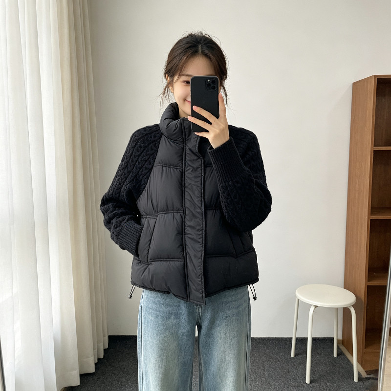 冬季欧货针织麻花袖子拼接慵懒风宽松小个子保暖防寒棉服外套女潮