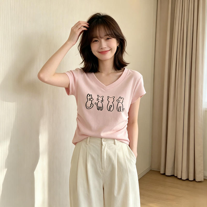 粉色减龄设计感v领掐腰修身显瘦小个子短袖T恤上衣女休闲百搭潮