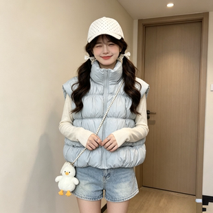 雾霾蓝减龄秋冬设计感宽松大码小个子无袖坎肩棉服马夹外套女马甲