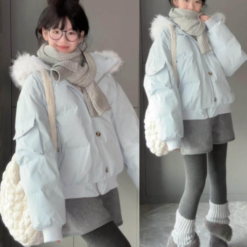 水蓝色减龄大毛领气质连帽加厚保暖防寒宽松大码棉服外套女面包服