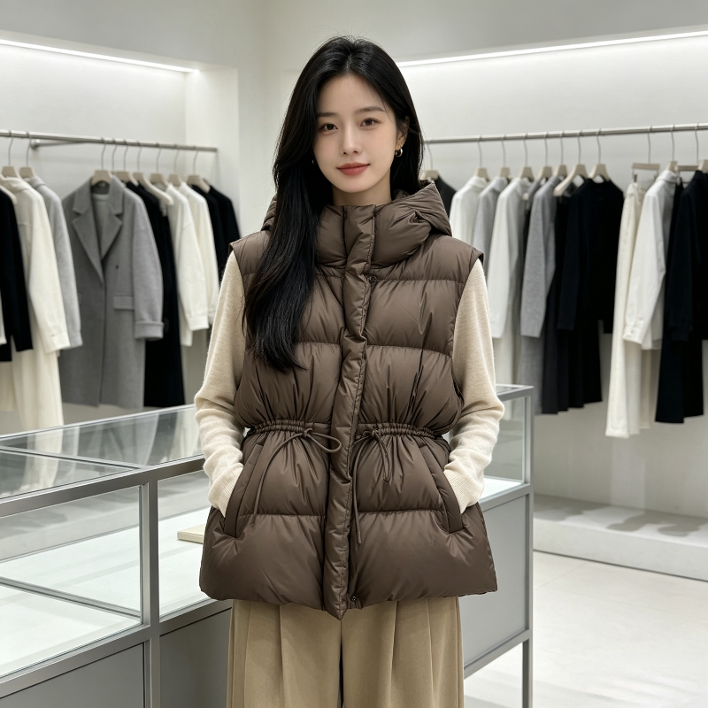 欧货连帽宽松大码小个子慵懒风减龄加厚无袖坎肩棉服马夹外套女潮