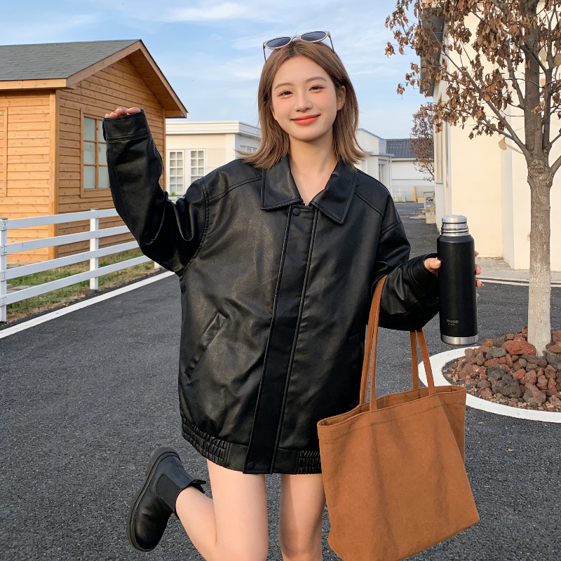 pu皮免洗亮面设计感宽松大码小个子慵懒风皮衣外套女休闲百搭夹克