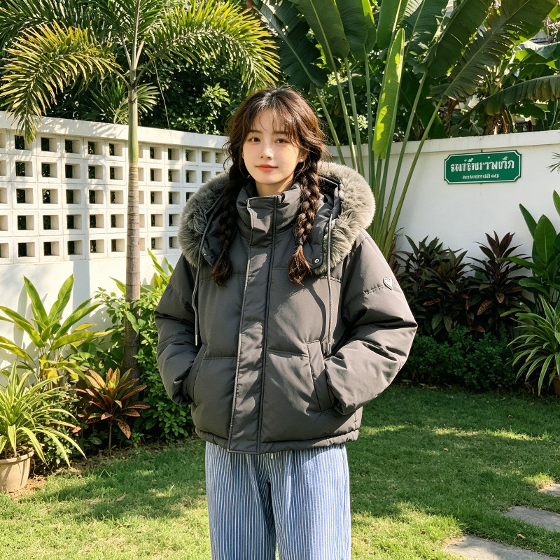 冬季欧货连帽大毛领加厚保暖宽松大码休闲百搭气质棉服外套女棉袄