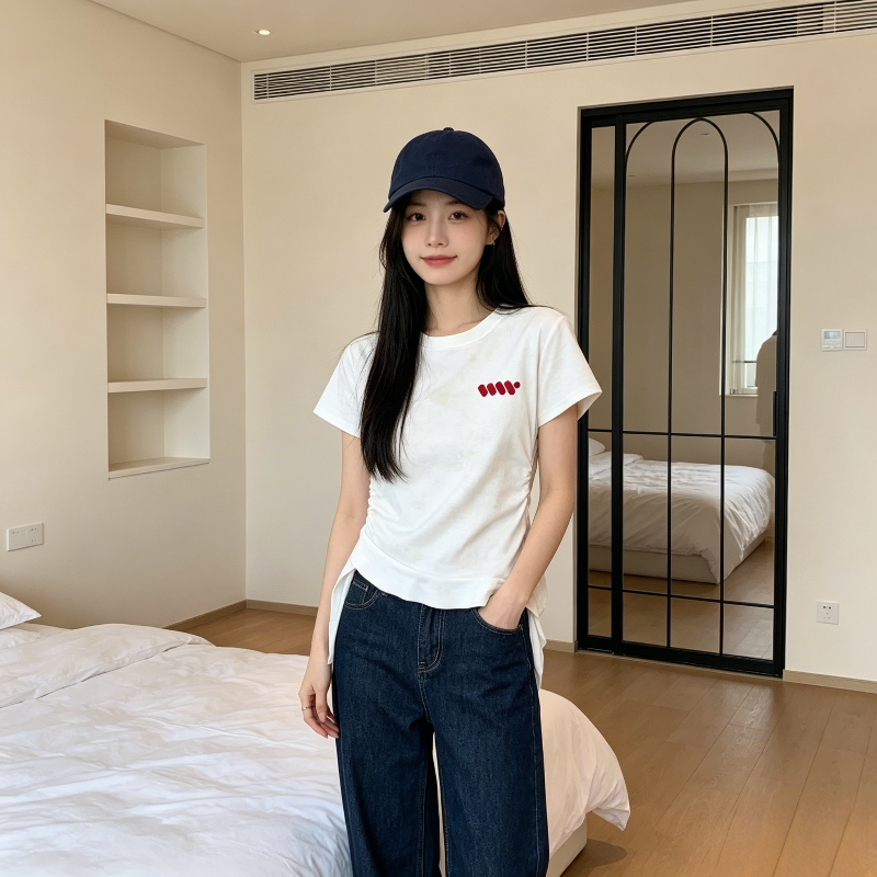 白色温柔风扎染设计感正肩小飞袖不规则下摆短袖T恤上衣女洋气潮
