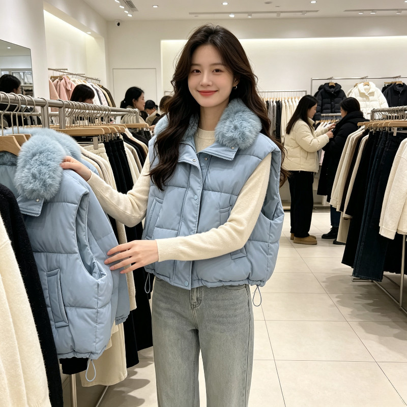 水蓝色轻奢风大毛领气质宽松休闲短款小个子无袖坎肩棉服马夹女潮