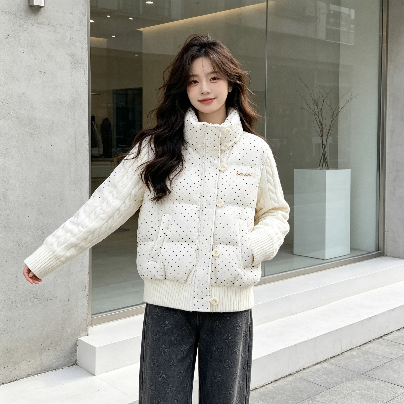 冬季波点立领设计感针织麻花袖子拼接小个子棉服外套女百搭保暖潮