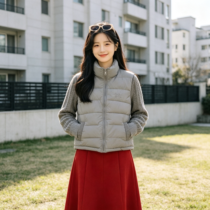 麻花针织袖子拼接设计感休闲宽松小个子立领棉服外套女洋气百搭潮
