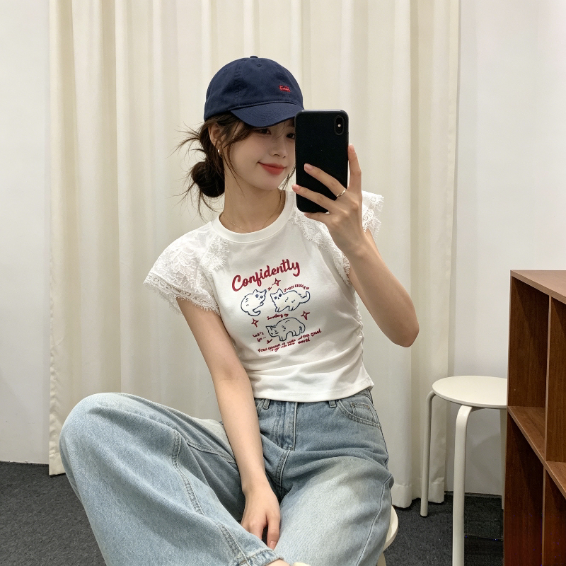 蕾丝花边小飞袖设计感短款修身显瘦小众短袖T恤上衣女洋气百搭潮