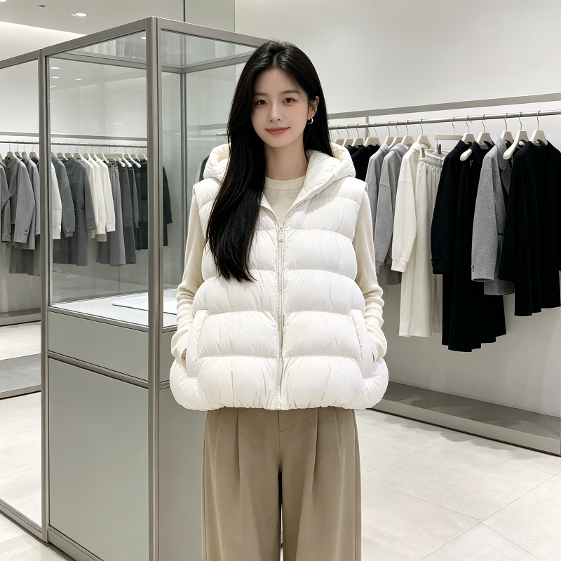 温柔风白色秋冬宽松大码小个子连帽加厚保暖防寒无袖棉服马夹女潮
