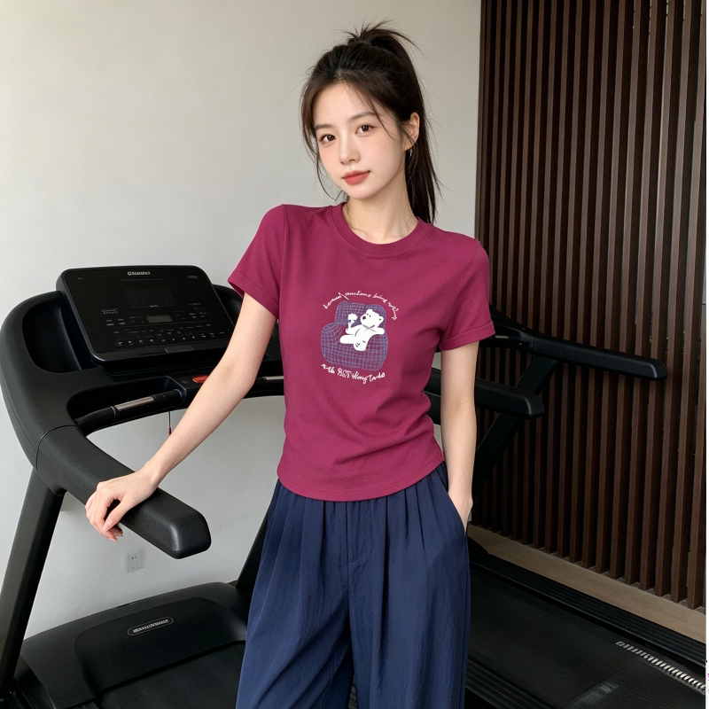 火龙果色夏季正肩减龄气质短款小众短袖T恤上衣女洋气百搭休闲潮