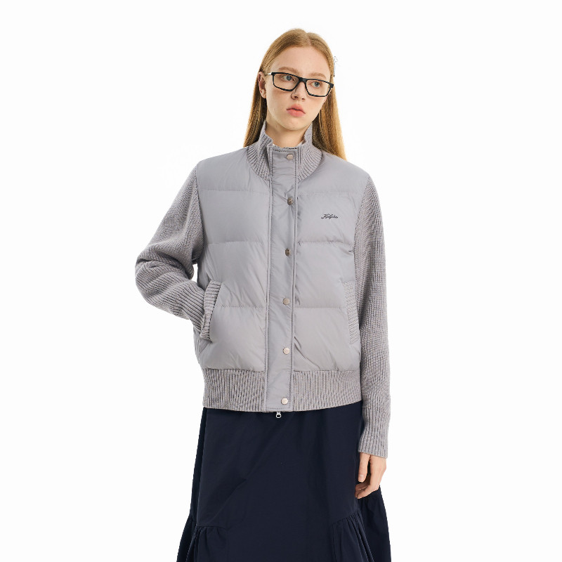 欧货冬季设计感针织袖子拼接休闲小个子立领棉服外套女保暖防寒潮