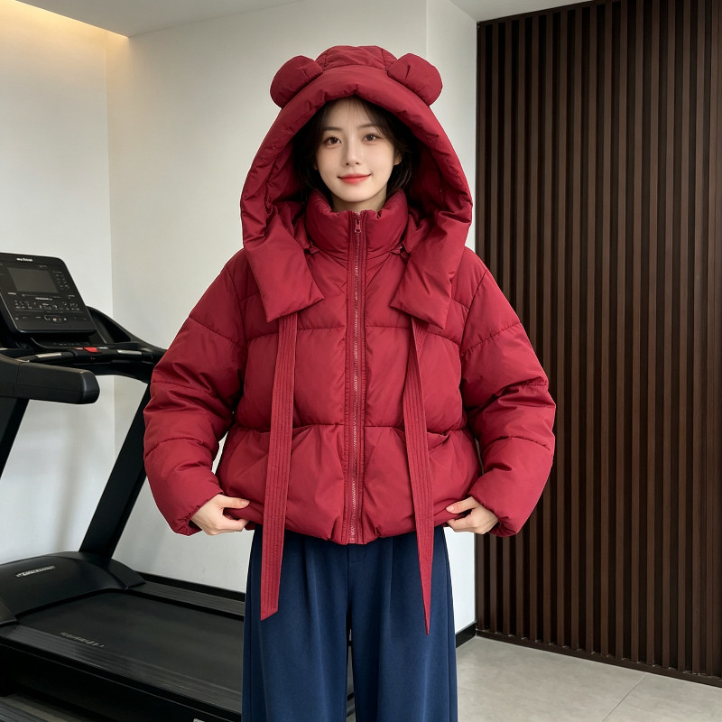 圣诞红连帽小熊耳朵设计感宽松大码小个子慵懒风棉服外套女面包服